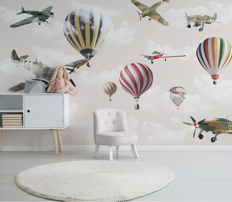 3D flying airplanes and colourful hot air balloons mural wallpaper – design detail