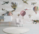 3D flying airplanes and colourful hot air balloons mural wallpaper – design detail