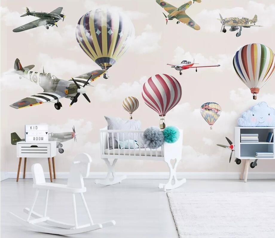 3D flying airplanes and colourful hot air balloons mural wallpaper – design detail