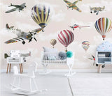 3D flying airplanes and colourful hot air balloons mural wallpaper – design detail