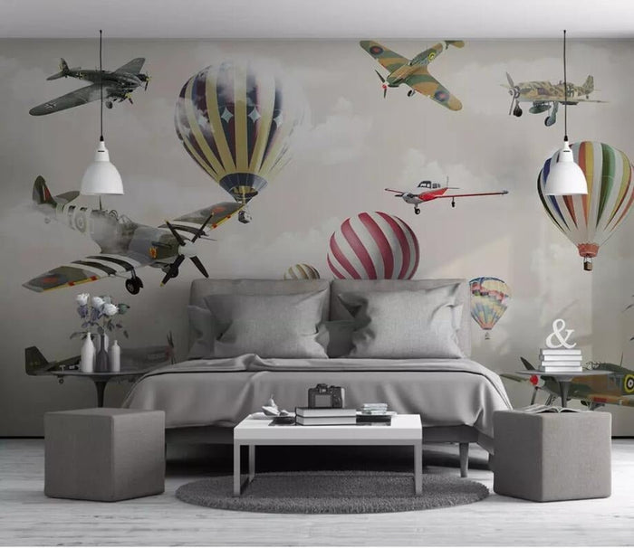3D flying airplanes and colourful hot air balloons mural wallpaper – design detail