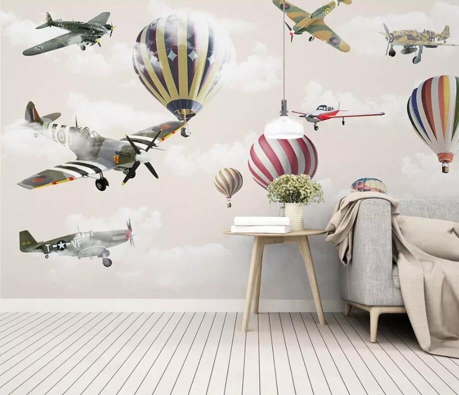 3D flying airplanes and colourful hot air balloons mural wallpaper for a kids' room