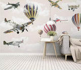 3D flying airplanes and colourful hot air balloons mural wallpaper for a kids' room