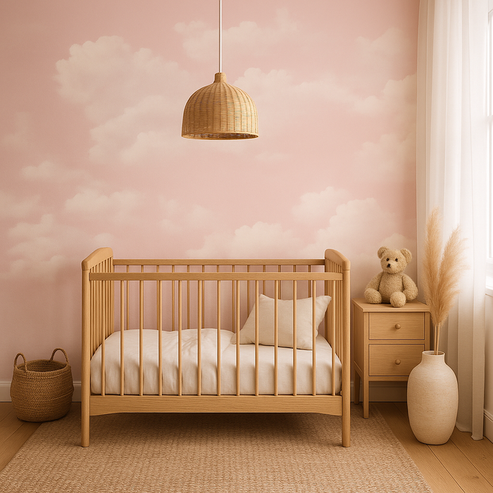 Pink clouds mural wallpaper with soft pastel sky design, custom-sized feature wall mural for nursery, bedroom, or playroom decor. Removable peel and stick or traditional wallpaper options available from Simply Murals.