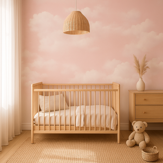 Pink clouds mural wallpaper with soft pastel sky design, custom-sized feature wall mural for nursery, bedroom, or playroom decor. Removable peel and stick or traditional wallpaper options available from Simply Murals.