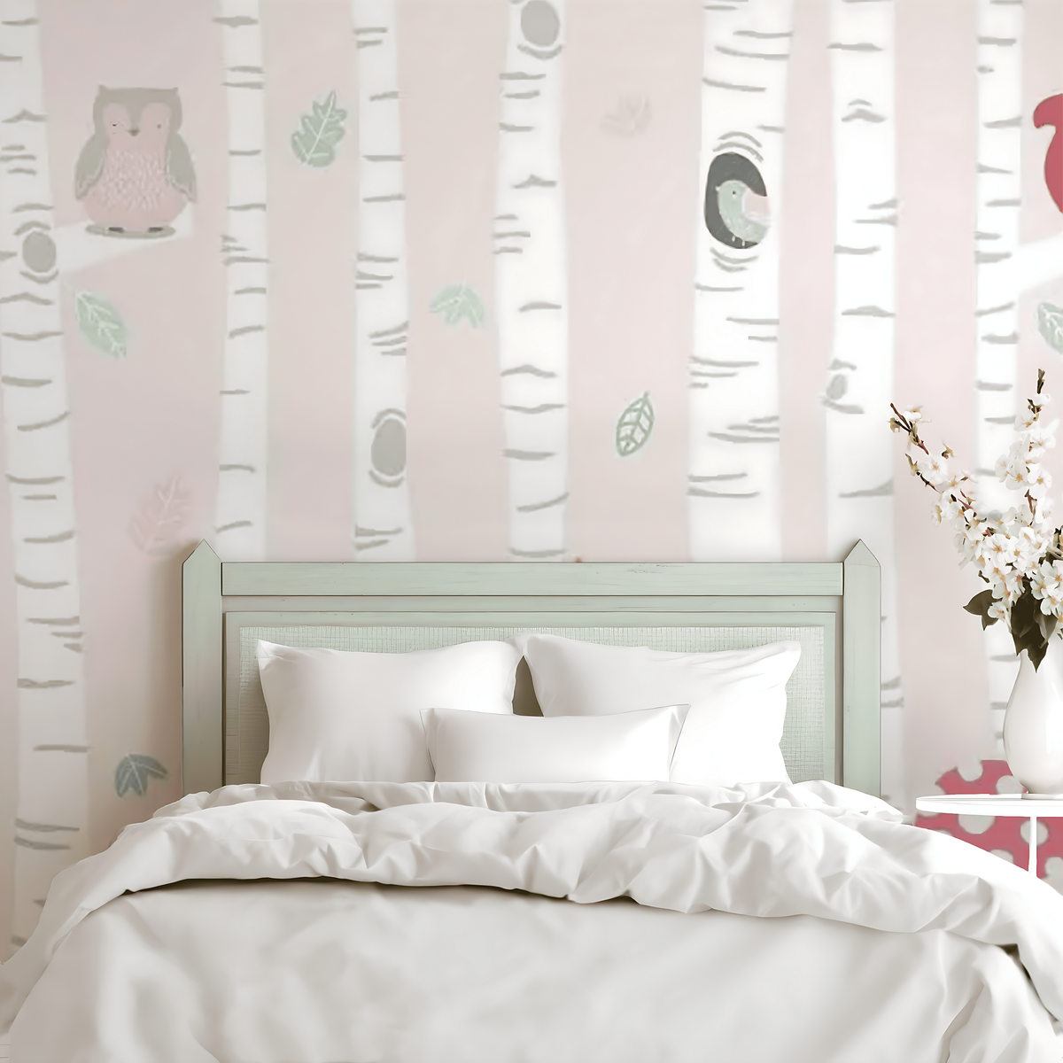 Baby pink woodlands nursery mural wallpaper – design detail