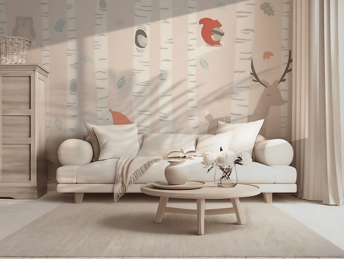Baby pink woodlands nursery mural wallpaper – design detail