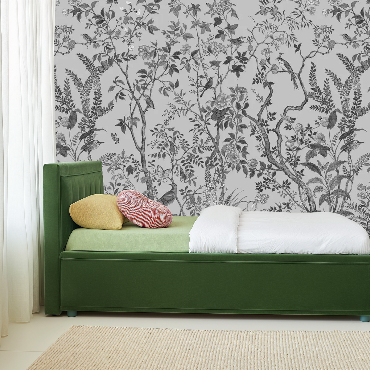 Shadowed serenity floral birdscape mural wallpaper – design detail