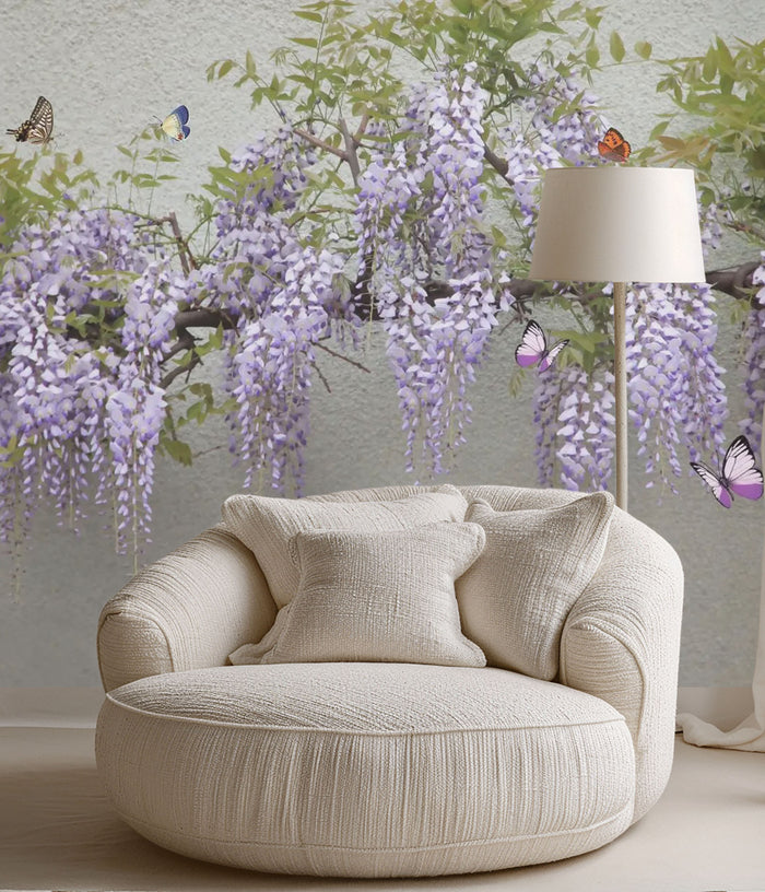 Purple wisteria and butterflies mural wallpaper