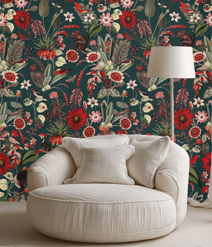 Crimson black and red blossom mural wallpaper – design detail