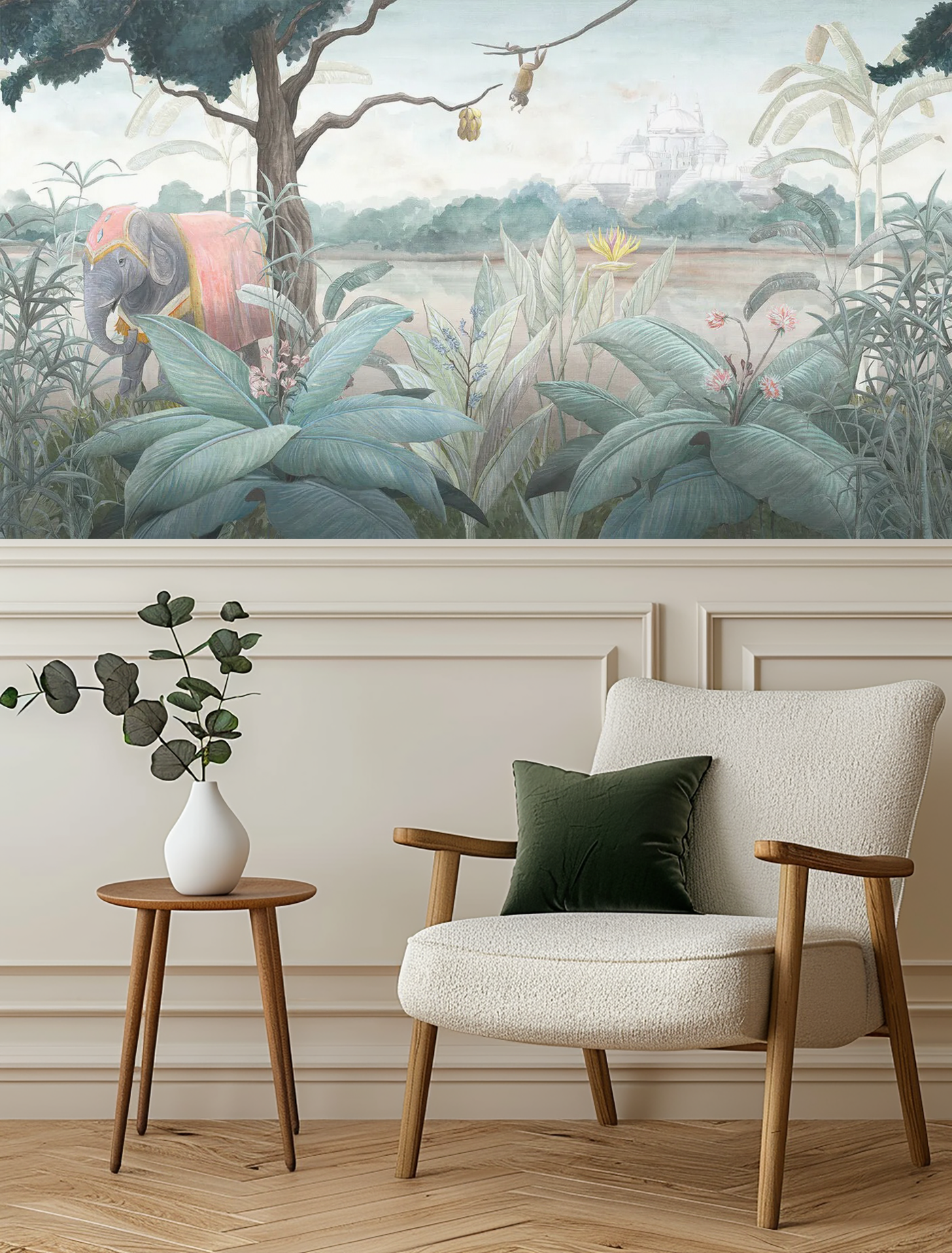 Elephant and monkey friends children's mural wallpaper – design detail