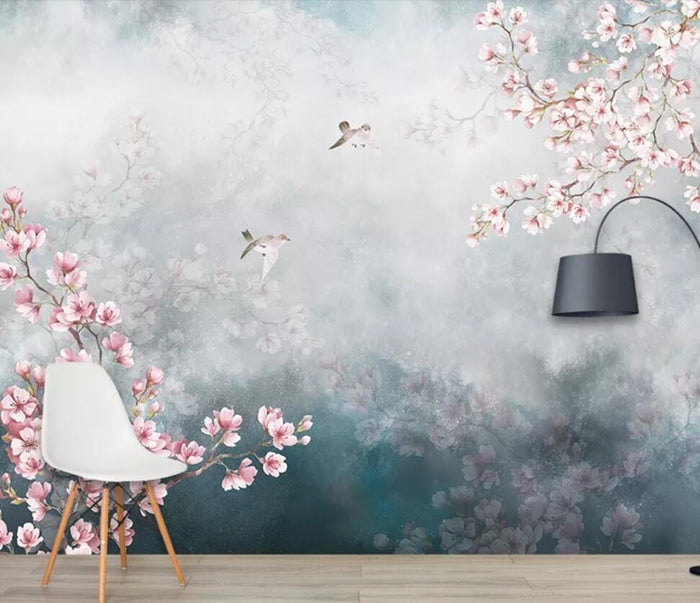 Floral blue and pink peach blossom mural wallpaper – design detail