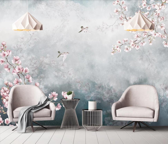 Floral blue and pink peach blossom mural wallpaper