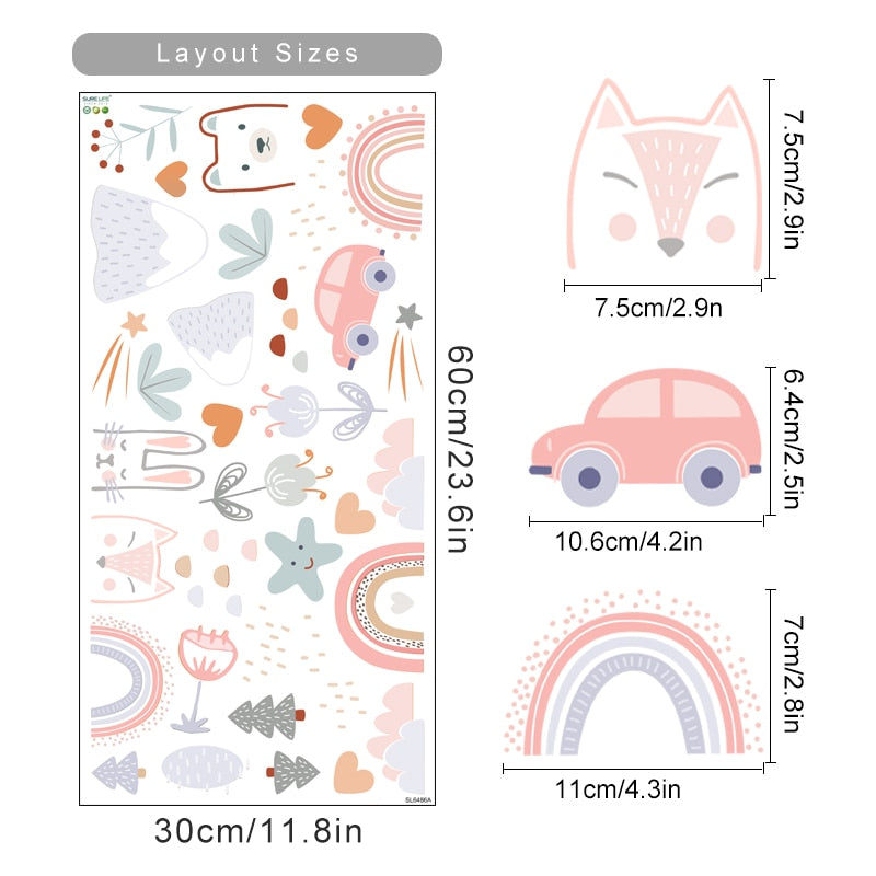 Rainbow animals and stars nursery wall decals – design detail