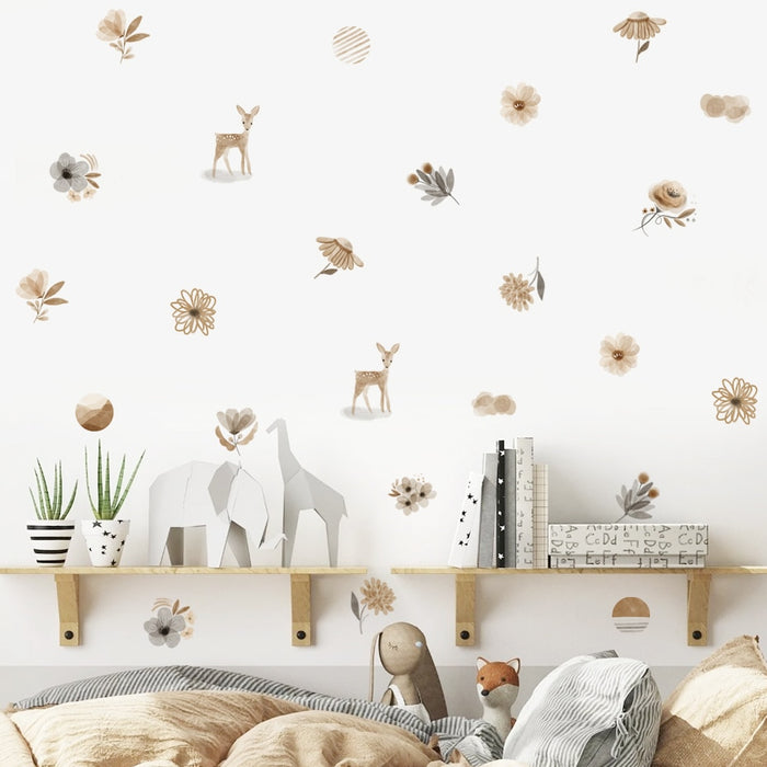 Boho wildflowers woodland animal nursery wall decals