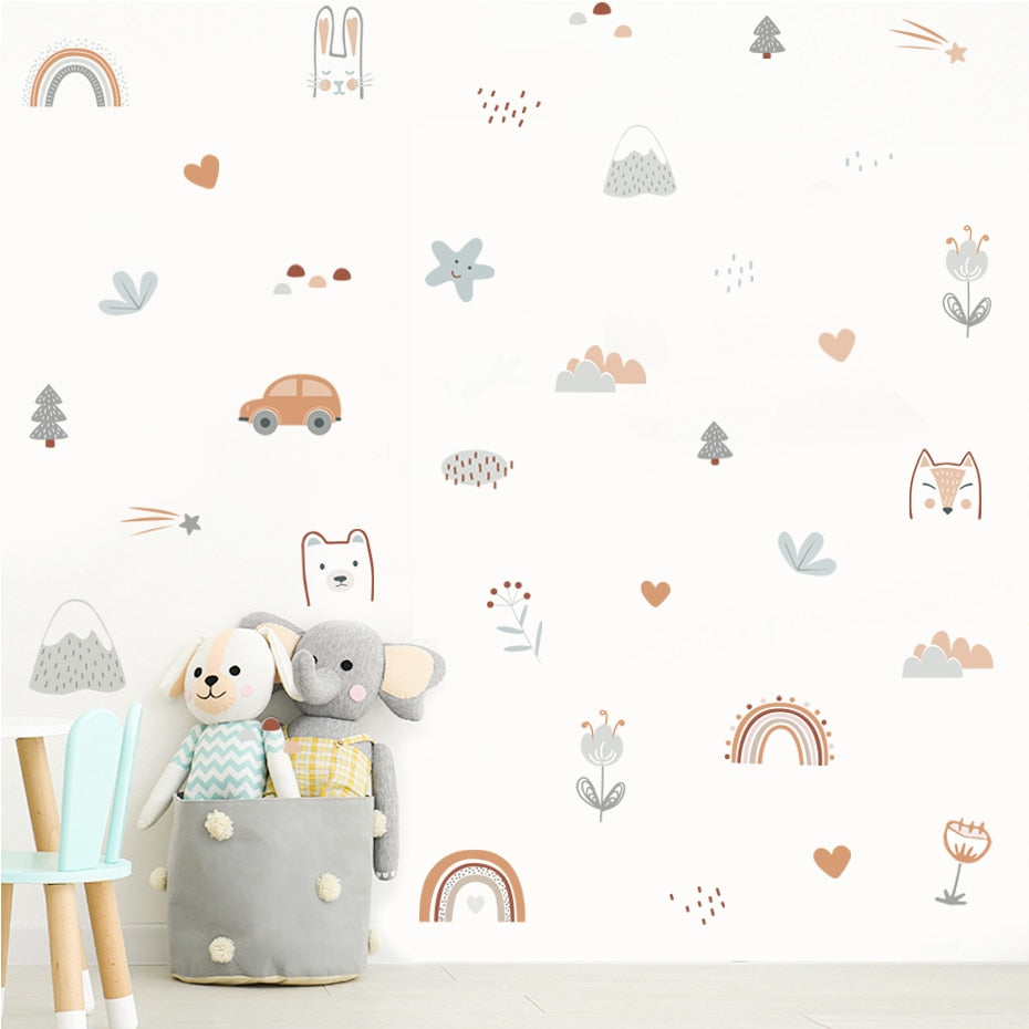 Rainbow animals and stars nursery wall decals