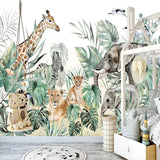 Safari animals mural wallpaper for a kids' nursery – lions, giraffes, elephants and a zebra in a green jungle scene