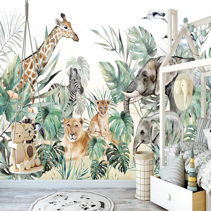 Safari animals mural wallpaper for a kids' nursery – lions, giraffes, elephants and a zebra in a green jungle scene