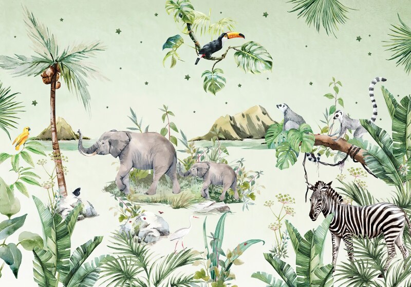 Watercolour tropical jungle animals nursery mural wallpaper – design detail