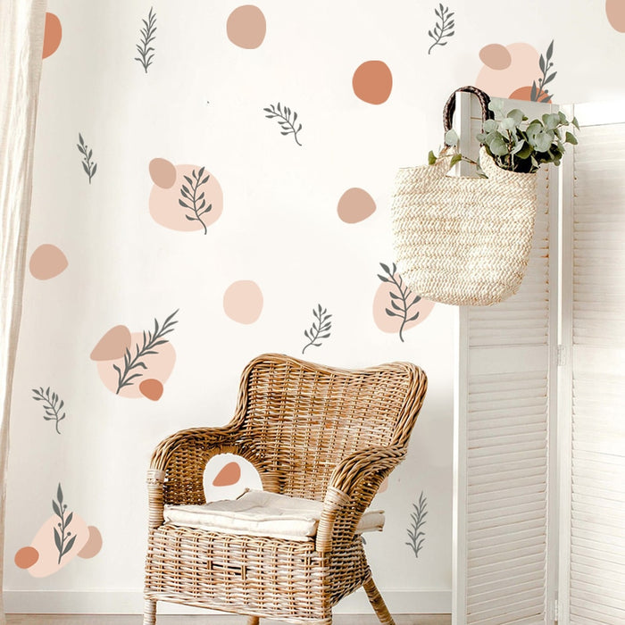 Boho beige leaves and plants nursery wall decals – design detail