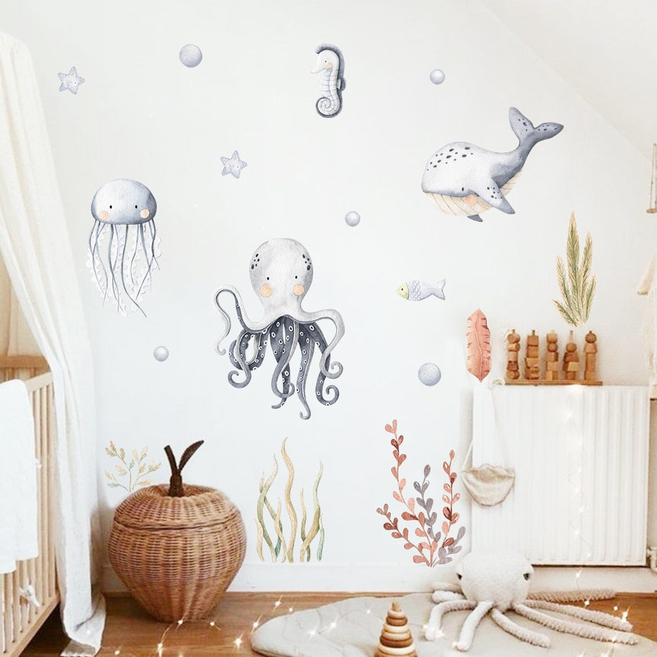 Cartoon dolphin ocean animals nursery wall stickers