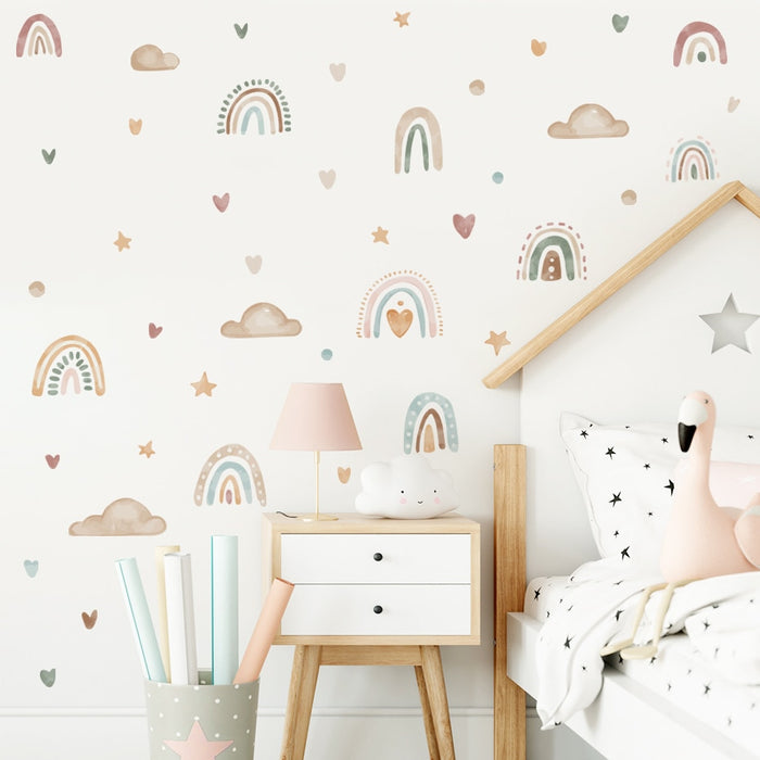 Boho watercolour rainbow, sun and clouds wall decals