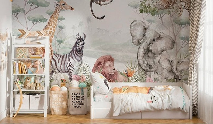 Tropical jungle giraffe children's mural wallpaper – design detail