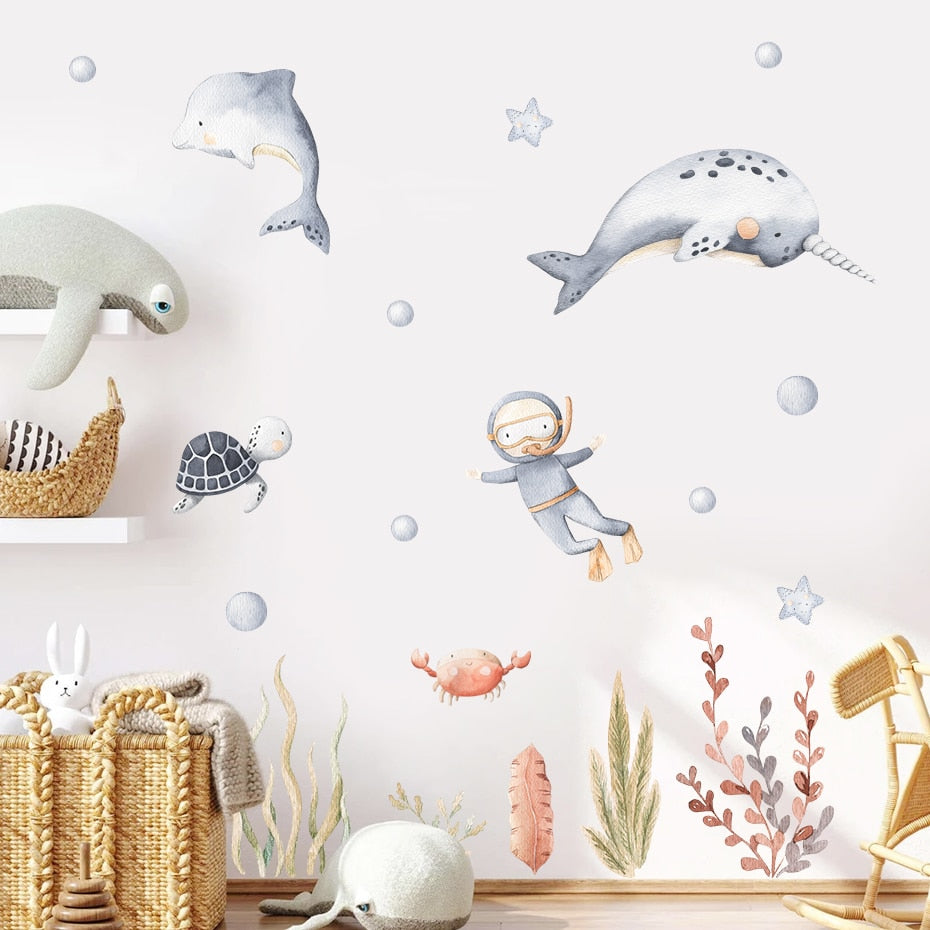 Cartoon dolphin ocean animals nursery wall stickers – design detail