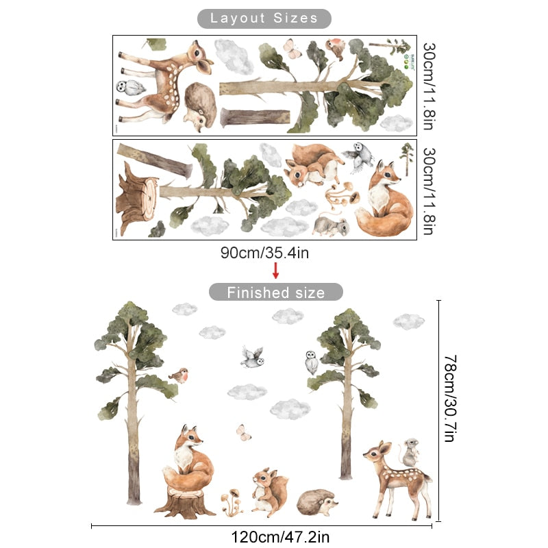 Woodland deer and fox tree nursery wall stickers – design detail