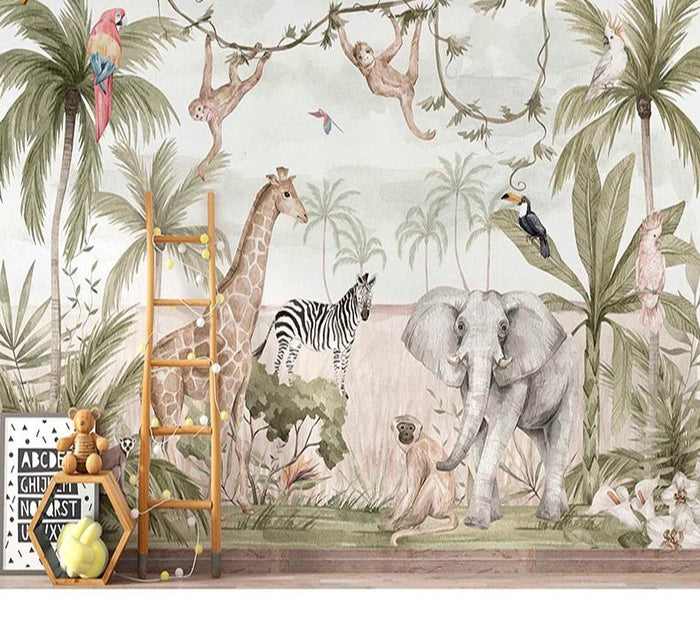 Tropical jungle giraffe children's mural wallpaper for a kids' room