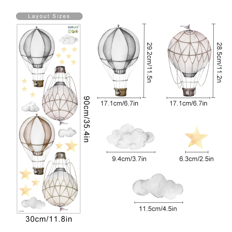 Hot air balloon and clouds nursery wall decals – design detail