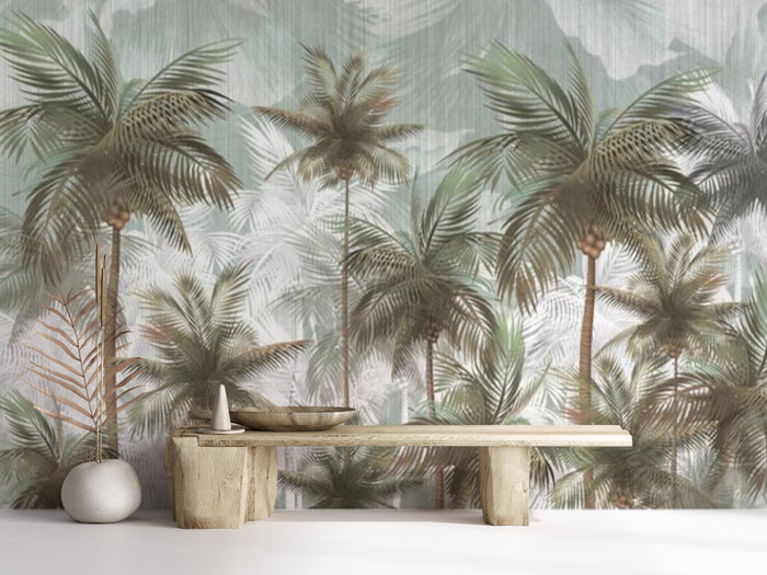 Dusky coco palm trees mural wallpaper for a living room
