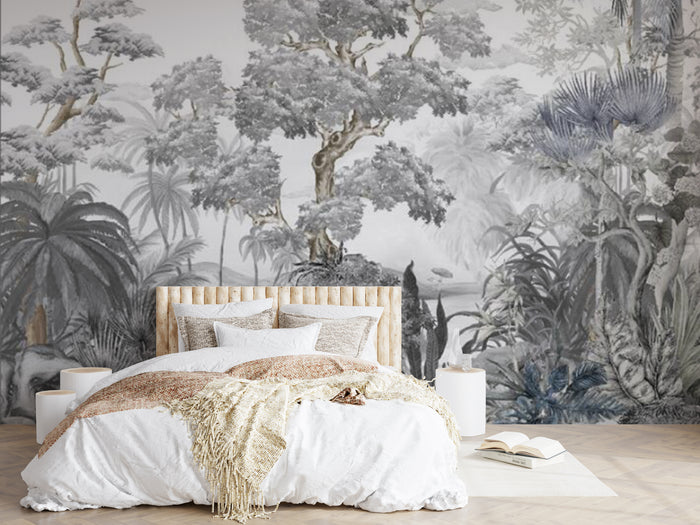 Monochrome rainforest mural wallpaper for a living room