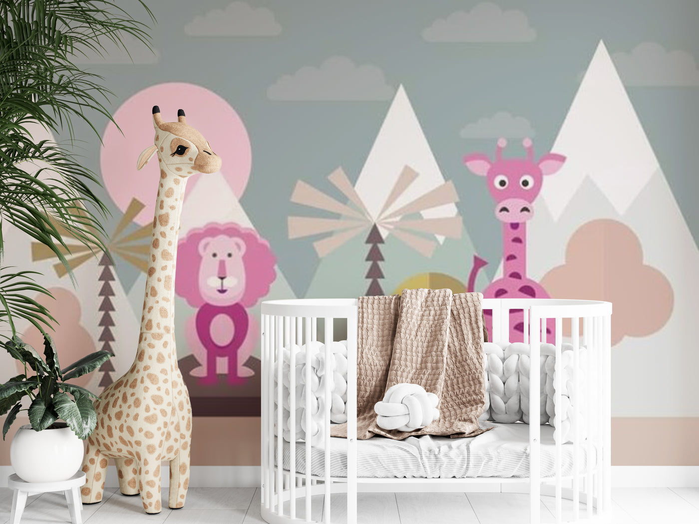 Giraffe and lion Everest mountains mural wallpaper
