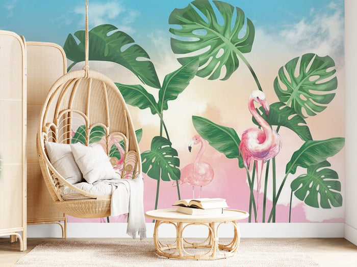 Monstera flamingo sunset mural wallpaper