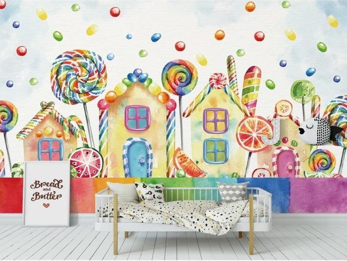 Candyland sweet themed mural wallpaper for a kids' room