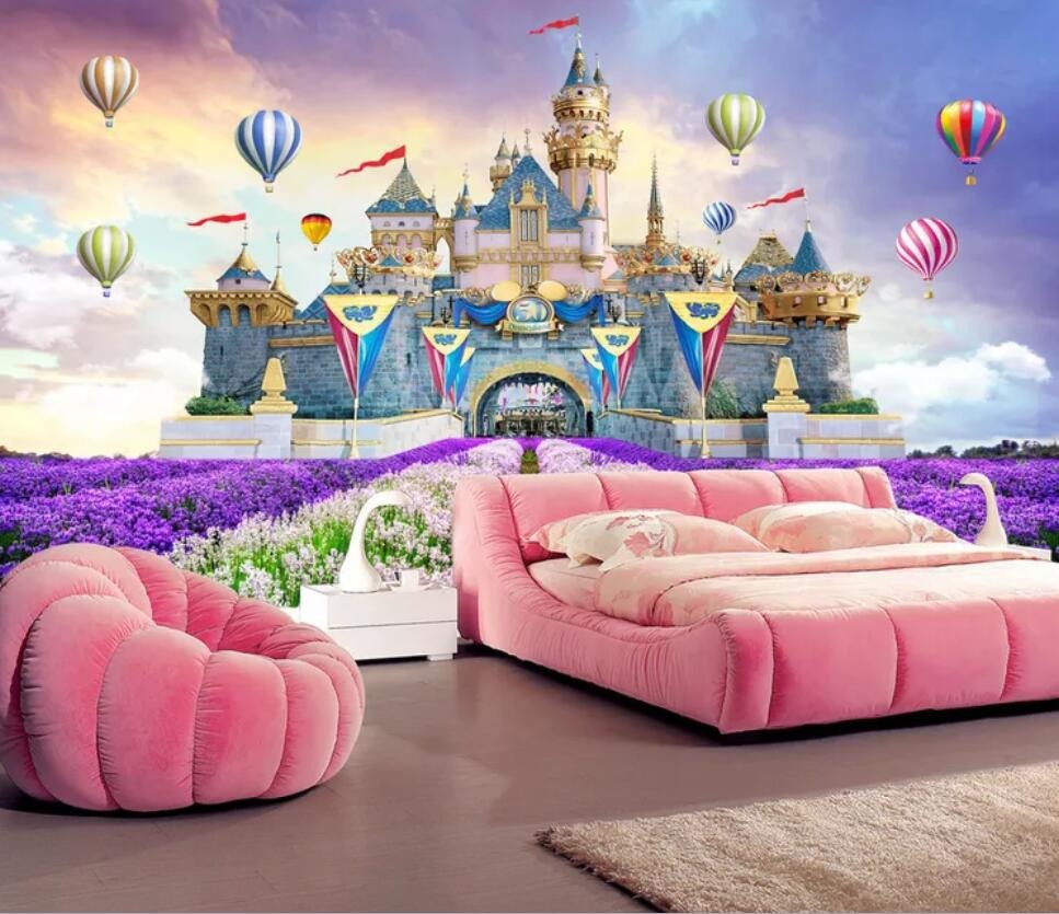 Pink princess fairyland castle mural wallpaper for a girls' room