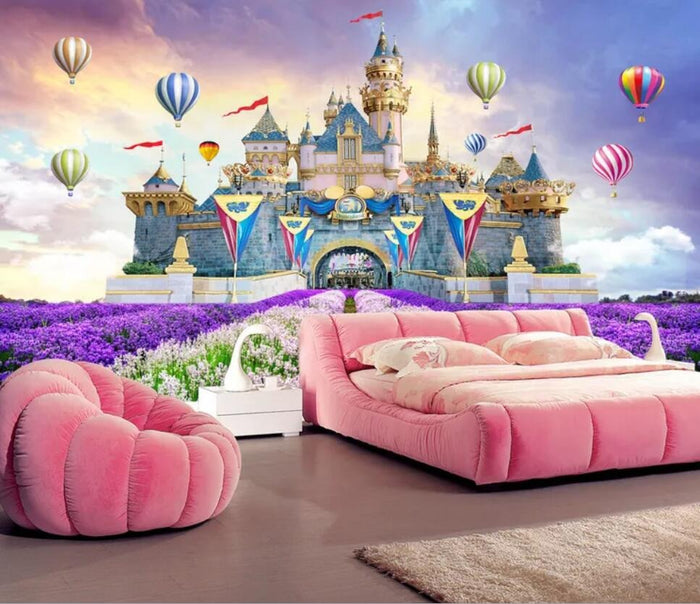 Pink princess fairyland castle mural wallpaper for a girls' room