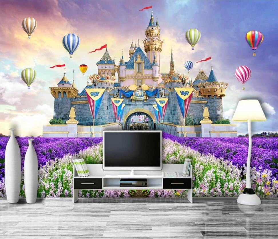 Pink princess fairyland castle girls' mural wallpaper – design detail