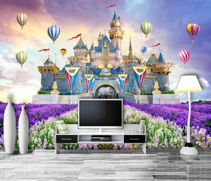 Pink princess fairyland castle girls' mural wallpaper – design detail