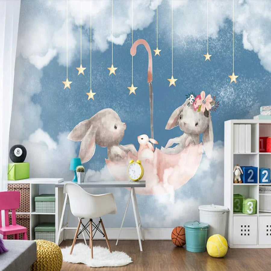 Bunny friends nursery mural wallpaper – design detail