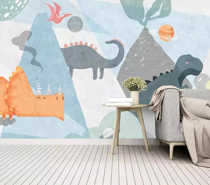Dinosaurs and volcanoes mural wallpaper for a boys' bedroom
