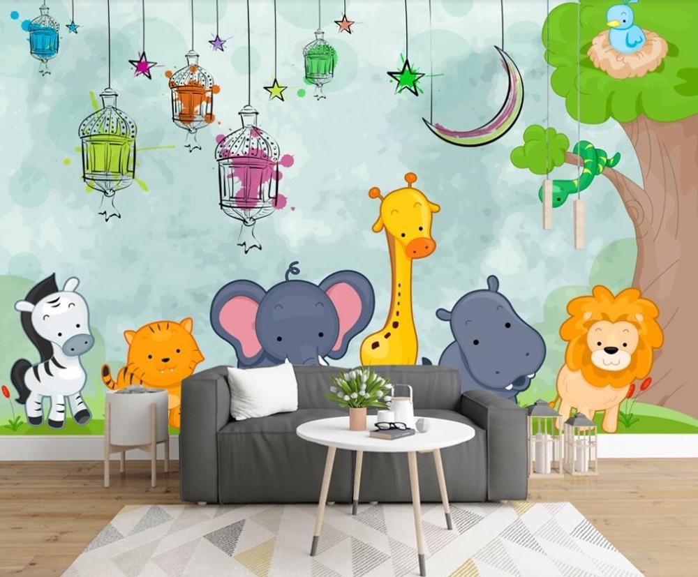 Cartoon zoo animals children's mural wallpaper – design detail
