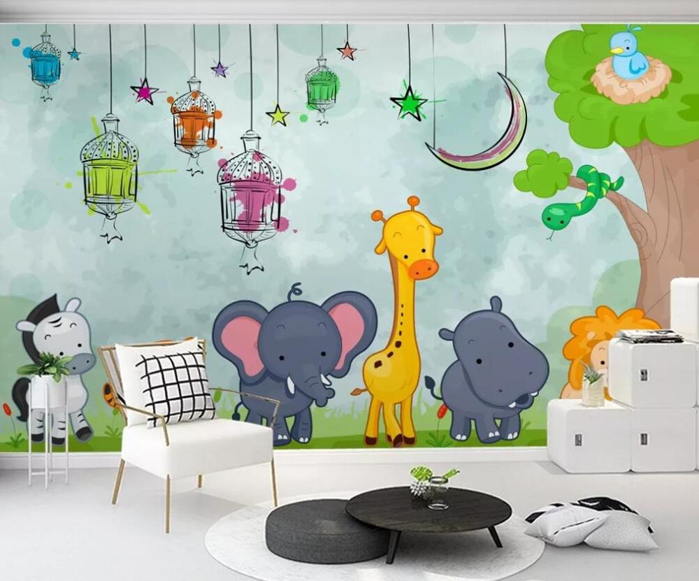 Cartoon zoo animals children's mural wallpaper – design detail
