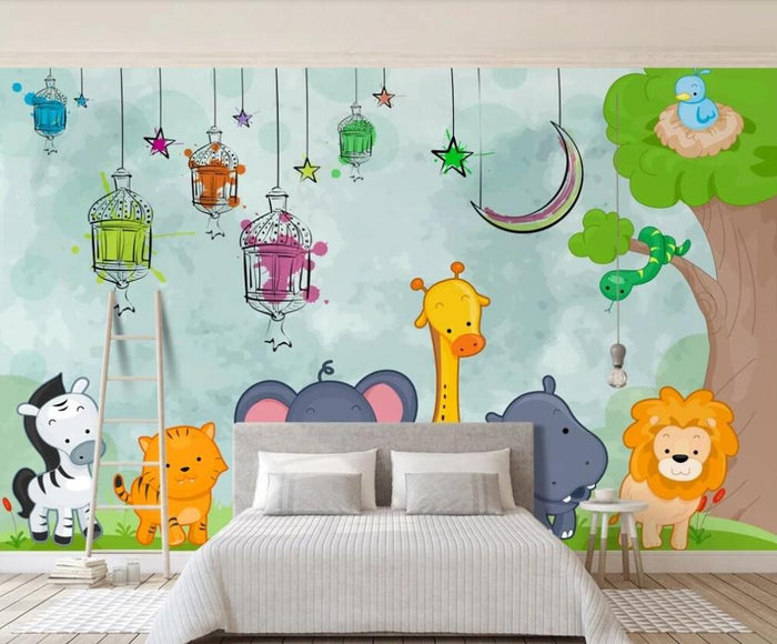 Cartoon zoo animals children's mural wallpaper for a kids' room