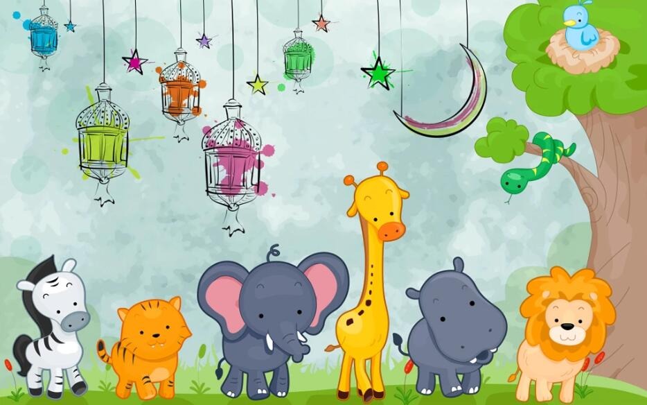 Cartoon zoo animals children's mural wallpaper – design detail