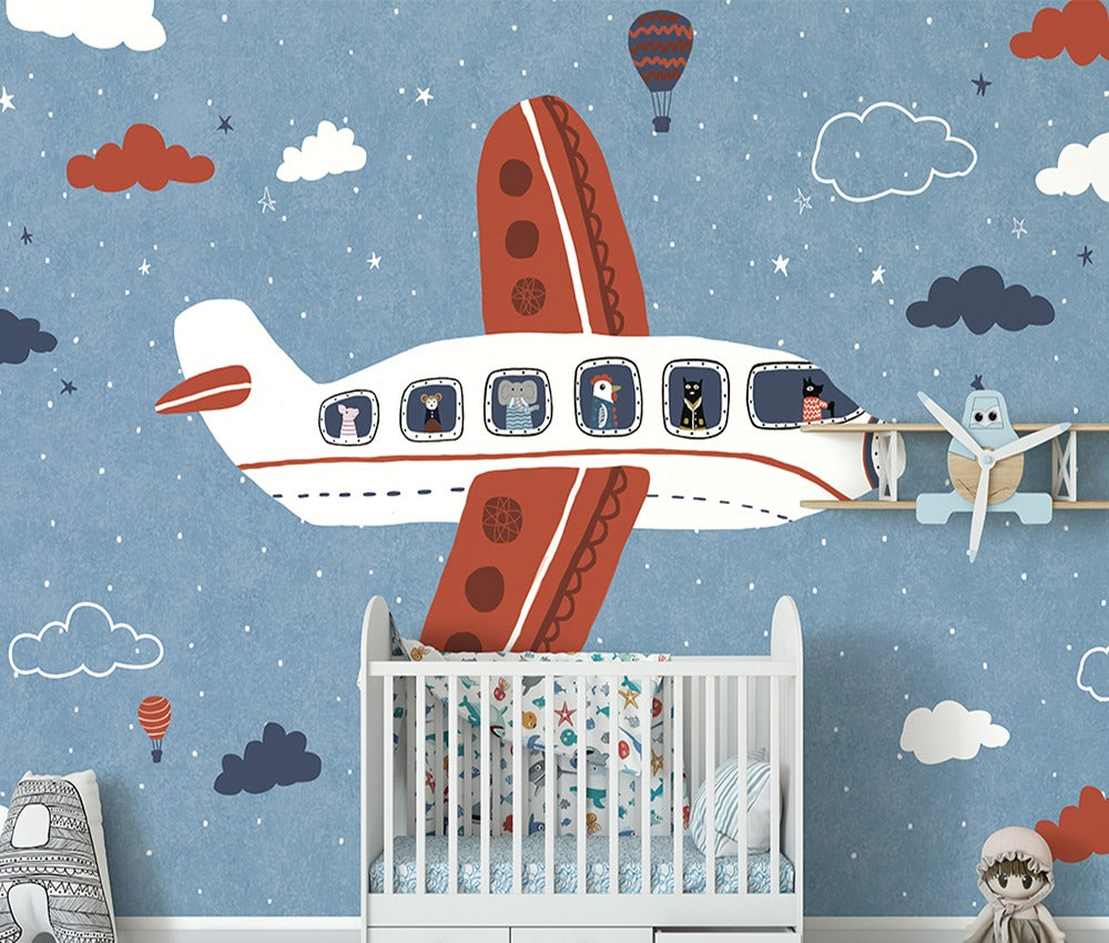 Cartoon flying animals aeroplane mural wallpaper for a kids' room