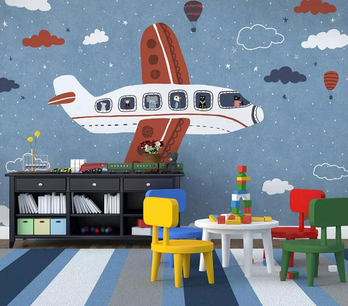Cartoon flying animals aeroplane mural wallpaper – design detail