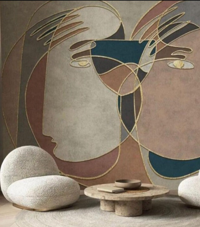 Boho abstract modern faces mural wallpaper for a bedroom