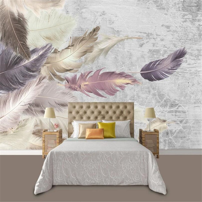 Golden wispy feathers mural wallpaper for a bedroom